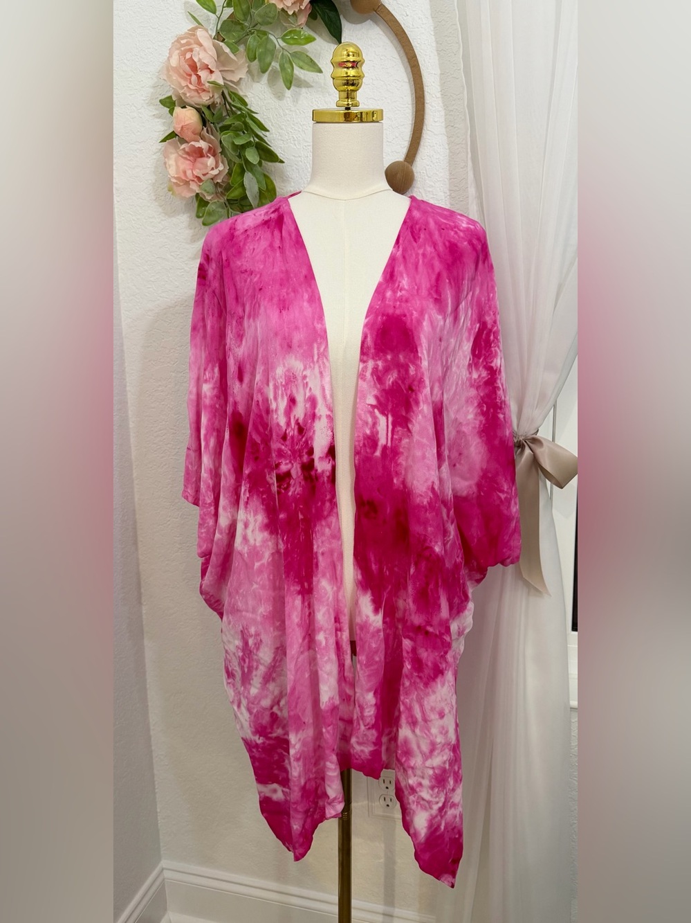 Dharma Trading Co Swim Cover Up Kimono Open Front Cardigan Pink Tie-Dye NEW